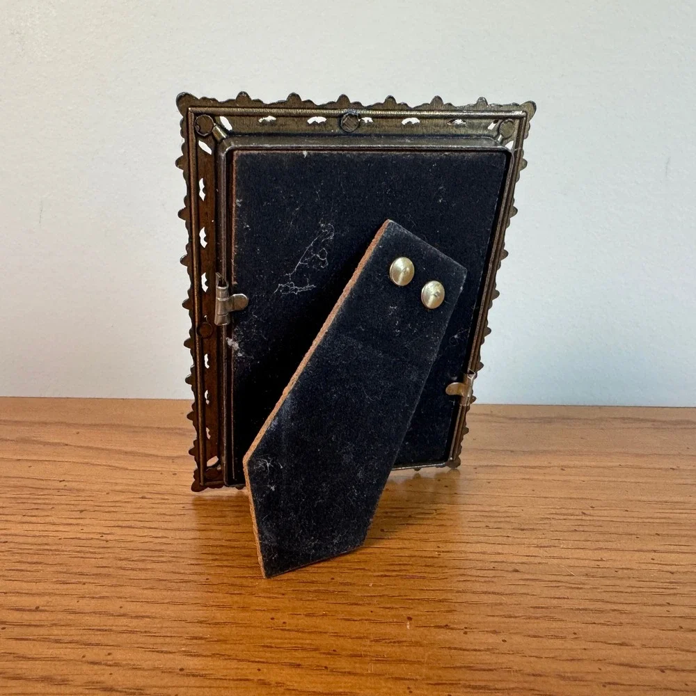 Vintage Ornate Brass Miniature Picture Frame Made in Italy Blue Floral‎ Art